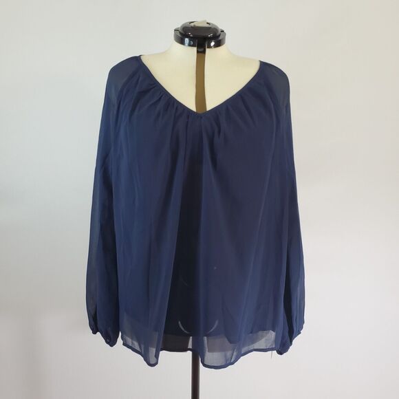 Bloomchic Blouse Women's 1X Solid Mesh Pleated Navy Long Sleeve Round Neck NWT - Picture 1 of 8